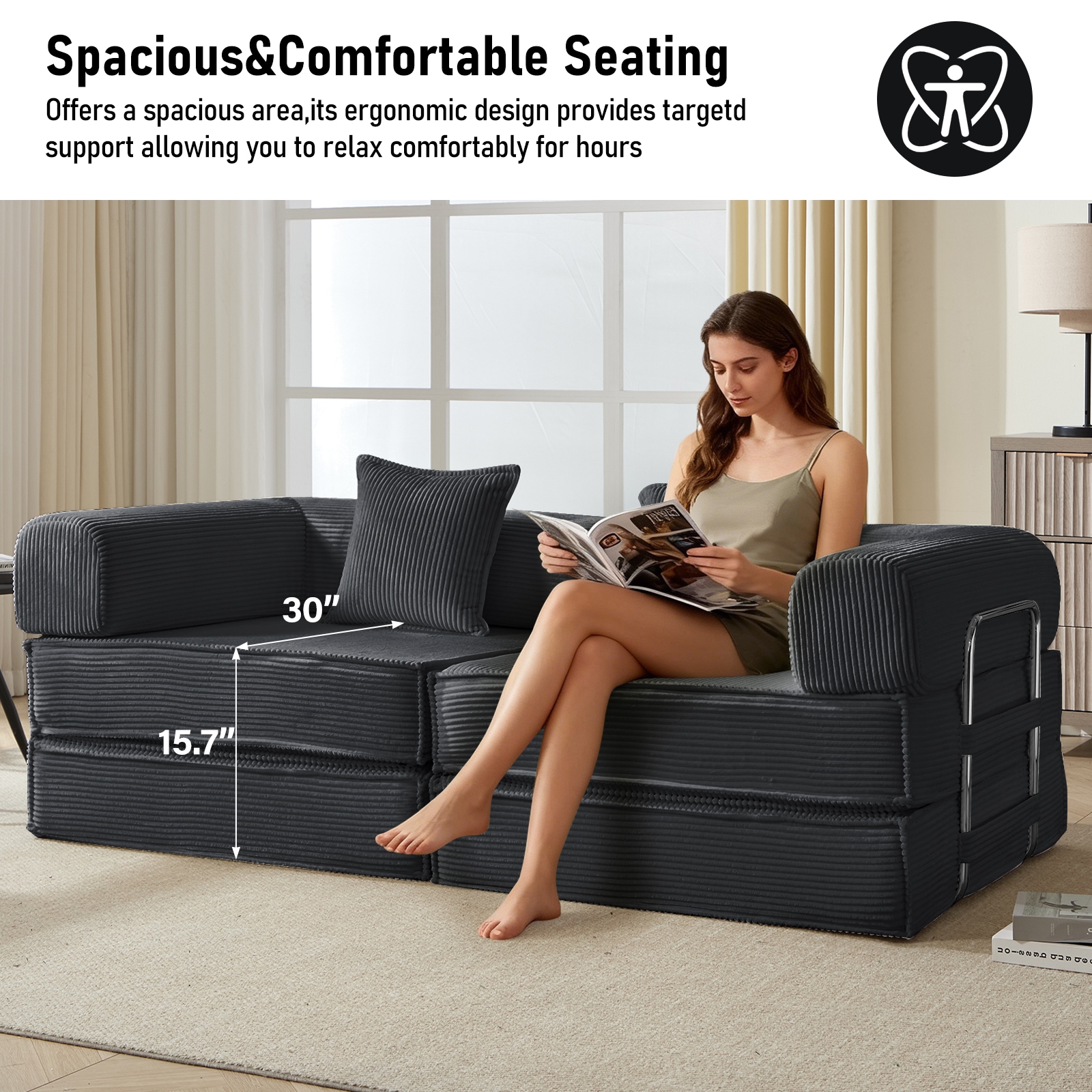 Convertible Sleeper Sofa Bed Modular Corduroy Couch With Pillows_voghion.com